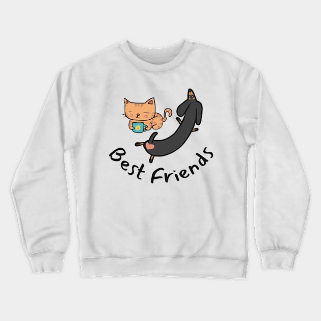 Best Friends - Orange Cat and Dachshund - Doxie and Kitten Cartoony Crewneck Sweatshirt by SayWhatYouFeel